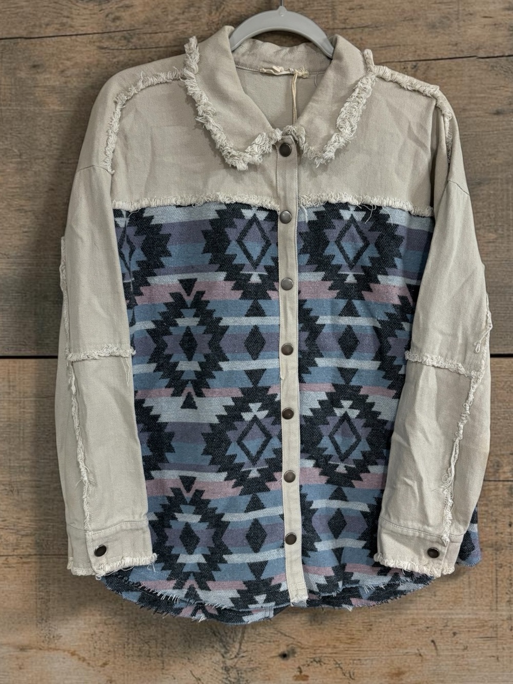 Womens western Beige & Blue Aztec Button-Front Shacket